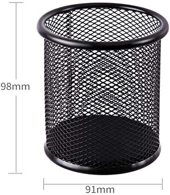 Black Metal Mesh Round Pen Holder | Durable Desk Pencil Cup Organizer | Office & Study Stationery Container (98×91mm)