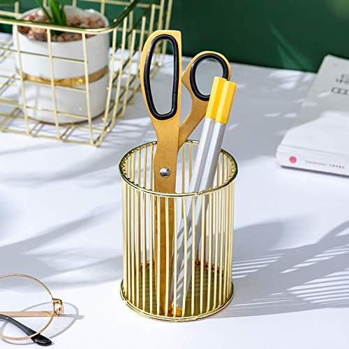 Gold Metal Pen Holder – Round Hollow Desk Organizer Cup, Minimalist Wire Mesh Pencil Container, Modern Nordic Style Office Stationery Storage