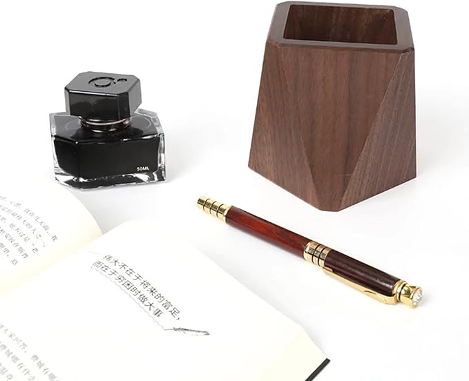 Premium Solid Walnut Wood Pen Holder – Handcrafted Geometric Desktop Organizer, Minimalist Office Stationery Storage Box, Nordic Style Wooden Container for Home & Work