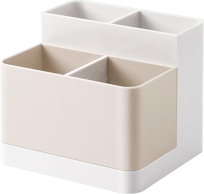 Multi-Compartment Desk Pen Organizer | Removable Divider Pencil Holder | Plastic Desktop Storage Box (5×4.5×4.5 in)