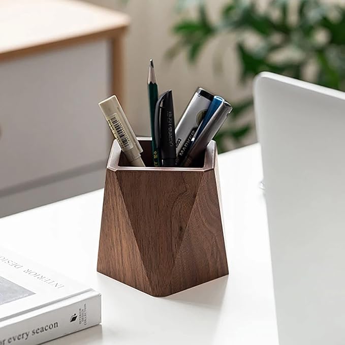 Premium Solid Walnut Wood Pen Holder – Handcrafted Geometric Desktop Organizer, Minimalist Office Stationery Storage Box, Nordic Style Wooden Container for Home & Work