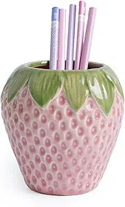 Cute Strawberry Shaped Ceramic Pen Holder with Ice Crackle Glaze – Desk Organizer & Decorative Brush Container, 4.53” x 4.53”