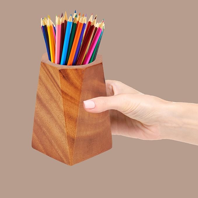 Minimalist Solid Wood Pencil Holder | Geometric Pyramid Desktop Organizer | Natural Wooden Pen Cup 2.63×2.63×4.33 inch