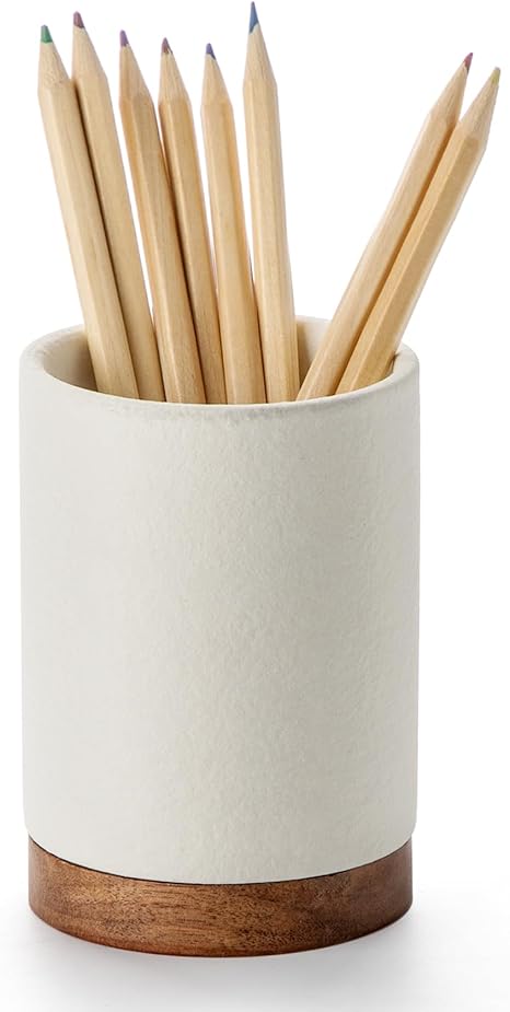 Minimalist Ceramic Pen Holder with Wooden Base – Desktop Organizer for Office, Home or Vanity, 4.33” x 2.95” Stylish Stationery & Brush Container