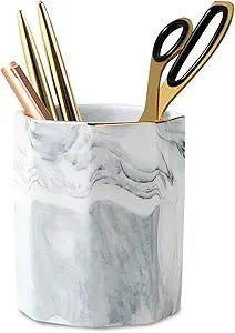 Minimalist Marble Pattern Ceramic Pen Holder – Desktop Organizer Cup for Makeup Brushes & Office Supplies, 3.5” x 3.7”