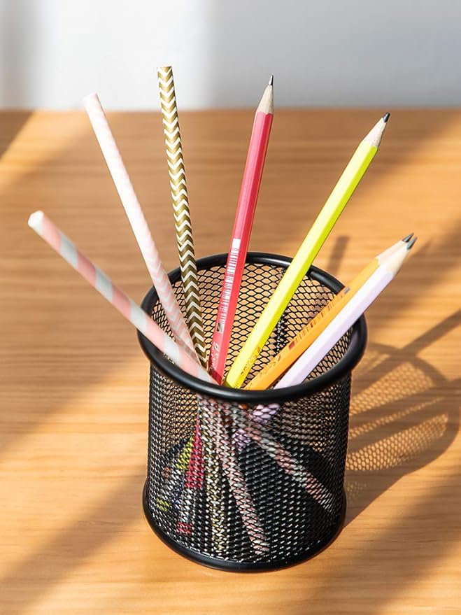 Black Metal Mesh Round Pen Holder | Durable Desk Pencil Cup Organizer | Office & Study Stationery Container (98×91mm)