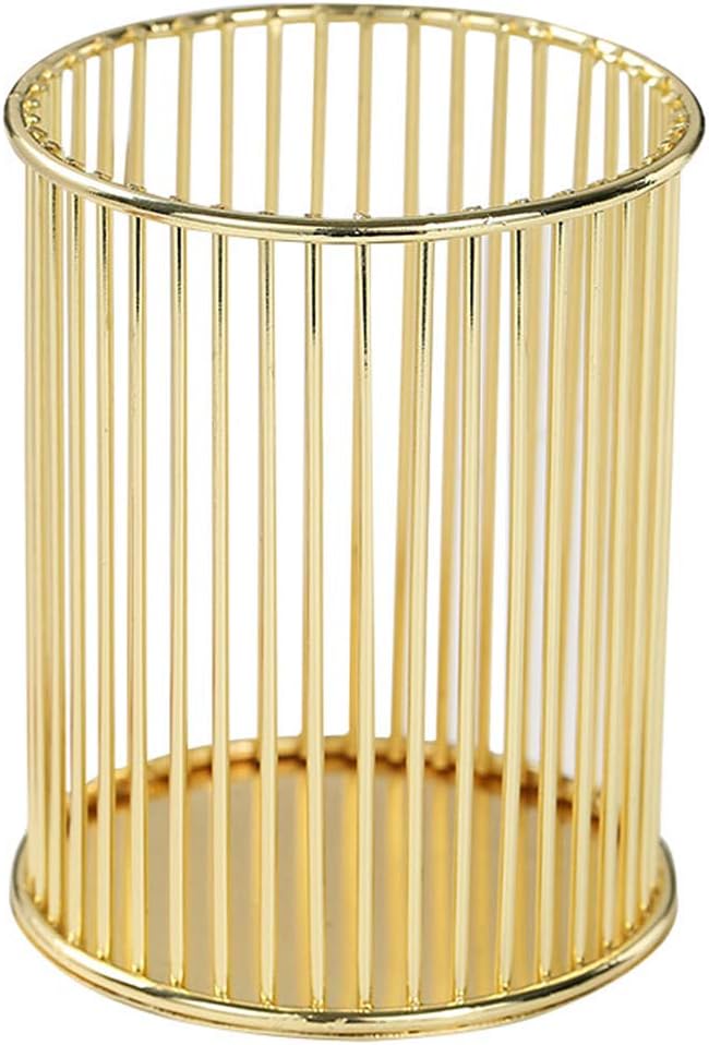 Gold Metal Pen Holder – Round Hollow Desk Organizer Cup, Minimalist Wire Mesh Pencil Container, Modern Nordic Style Office Stationery Storage