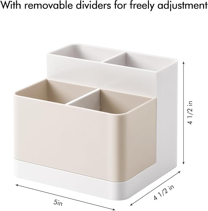 Multi-Compartment Desk Pen Organizer | Removable Divider Pencil Holder | Plastic Desktop Storage Box (5×4.5×4.5 in)