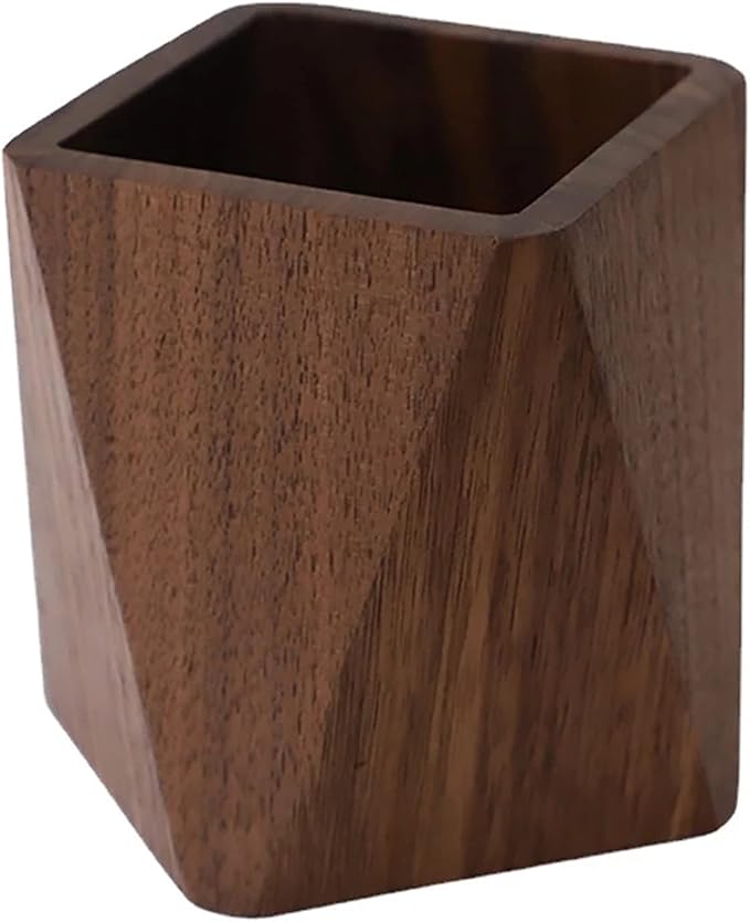 Premium Solid Walnut Wood Pen Holder – Handcrafted Geometric Desktop Organizer, Minimalist Office Stationery Storage Box, Nordic Style Wooden Container for Home & Work
