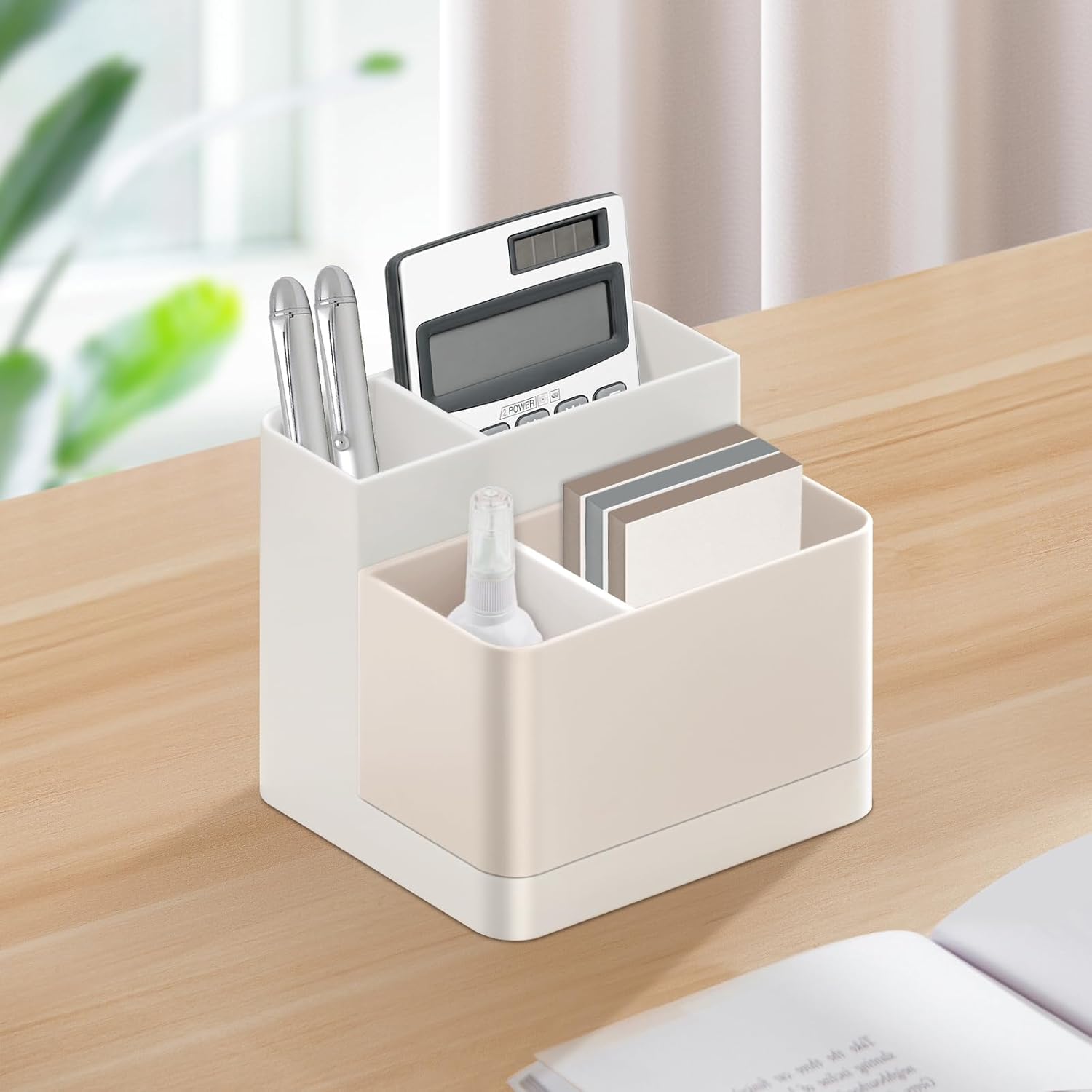 Multi-Compartment Desk Pen Organizer | Removable Divider Pencil Holder | Plastic Desktop Storage Box (5×4.5×4.5 in)