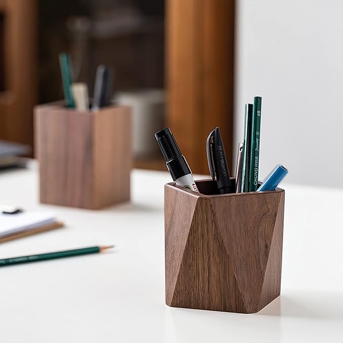 Premium Solid Walnut Wood Pen Holder – Handcrafted Geometric Desktop Organizer, Minimalist Office Stationery Storage Box, Nordic Style Wooden Container for Home & Work