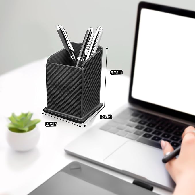 Carbon Fiber Textured Pen Holder | Minimalist Desktop Organizer | Square Pencil Cup for Office & Home (Approx. 2.75" × 2.6" × 3.75")