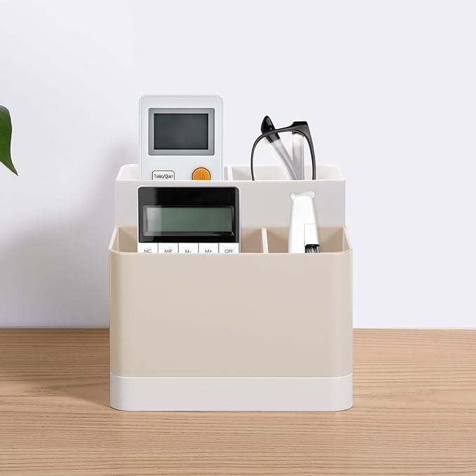 Multi-Compartment Desk Pen Organizer | Removable Divider Pencil Holder | Plastic Desktop Storage Box (5×4.5×4.5 in)