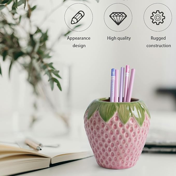 Cute Strawberry Shaped Ceramic Pen Holder with Ice Crackle Glaze – Desk Organizer & Decorative Brush Container, 4.53” x 4.53”