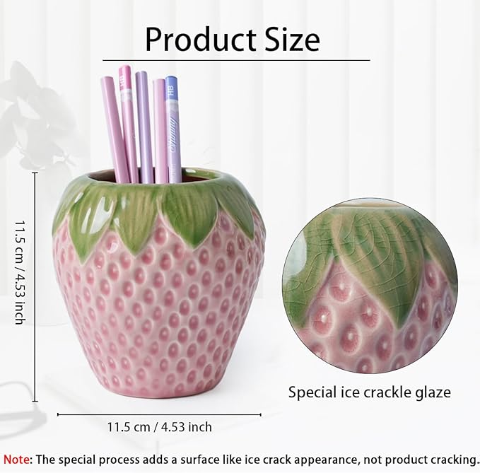 Cute Strawberry Shaped Ceramic Pen Holder with Ice Crackle Glaze – Desk Organizer & Decorative Brush Container, 4.53” x 4.53”
