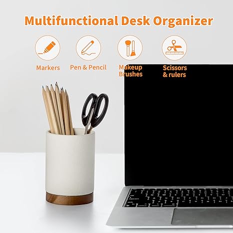 Minimalist Ceramic Pen Holder with Wooden Base – Desktop Organizer for Office, Home or Vanity, 4.33” x 2.95” Stylish Stationery & Brush Container