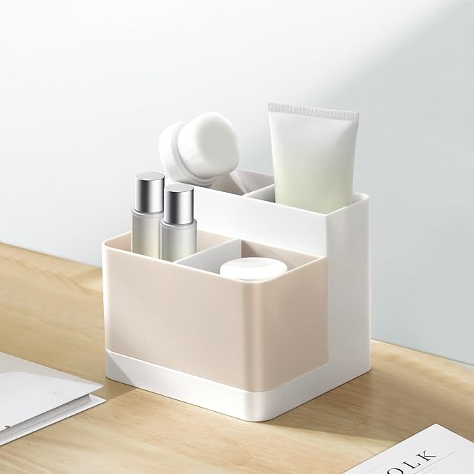 Multi-Compartment Desk Pen Organizer | Removable Divider Pencil Holder | Plastic Desktop Storage Box (5×4.5×4.5 in)