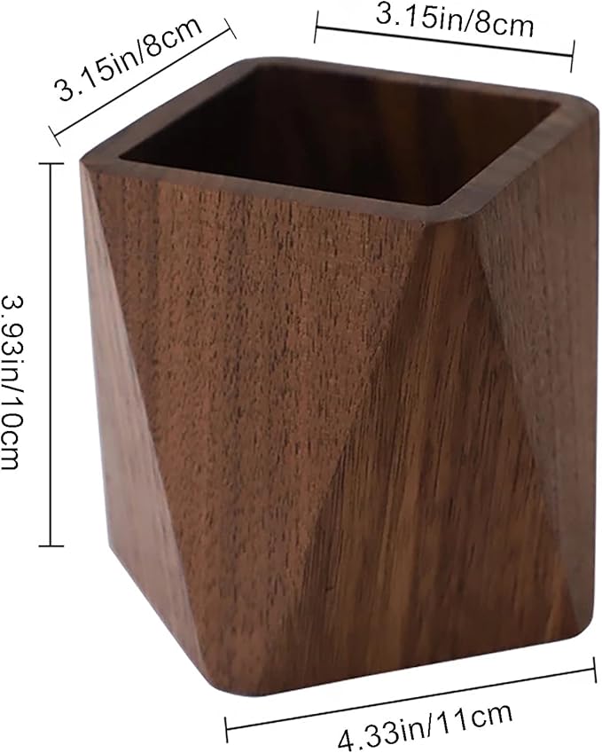 Premium Solid Walnut Wood Pen Holder – Handcrafted Geometric Desktop Organizer, Minimalist Office Stationery Storage Box, Nordic Style Wooden Container for Home & Work