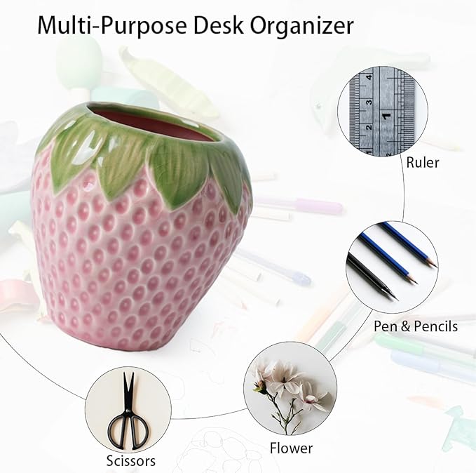 Cute Strawberry Shaped Ceramic Pen Holder with Ice Crackle Glaze – Desk Organizer & Decorative Brush Container, 4.53” x 4.53”