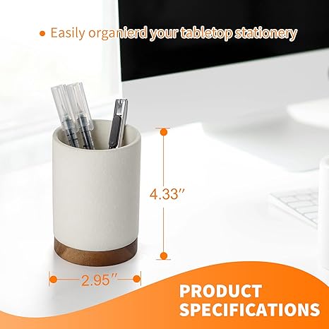 Minimalist Ceramic Pen Holder with Wooden Base – Desktop Organizer for Office, Home or Vanity, 4.33” x 2.95” Stylish Stationery & Brush Container
