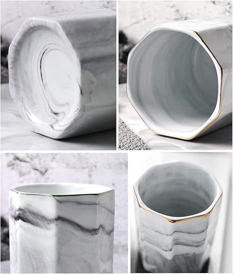 Minimalist Marble Pattern Ceramic Pen Holder – Desktop Organizer Cup for Makeup Brushes & Office Supplies, 3.5” x 3.7”