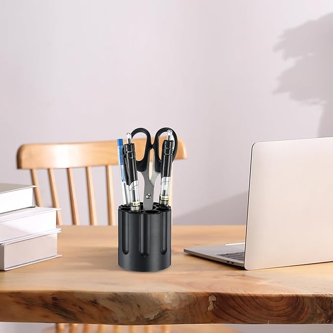 Rotating-Style Multi-Hole Pen Holder | 12-Slot Round Desk Organizer | Anti-Slip Matte Black Stationery Stand
