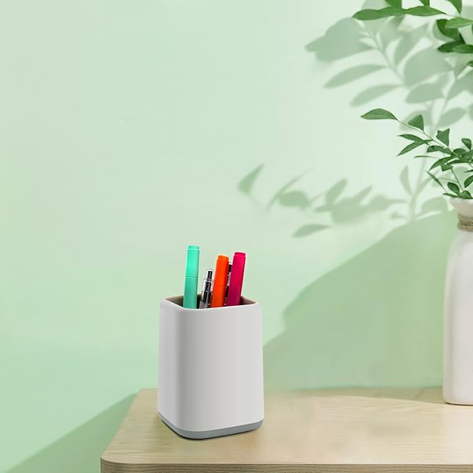 Minimalist White Square Pen Holder | Modern Desk Organizer for Office & Study | Compact Stationery Container (2.75" × 2.5" × 4.1")