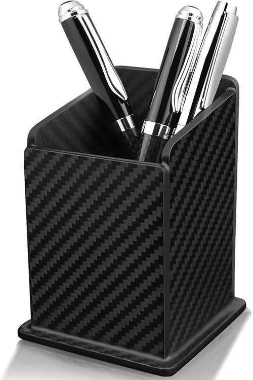 Carbon Fiber Textured Pen Holder | Minimalist Desktop Organizer | Square Pencil Cup for Office & Home (Approx. 2.75" × 2.6" × 3.75")