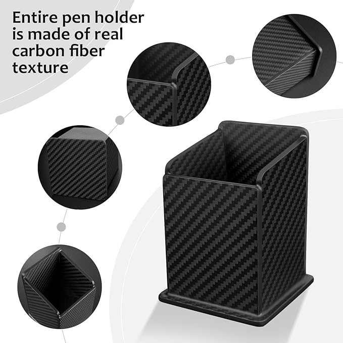 Carbon Fiber Textured Pen Holder | Minimalist Desktop Organizer | Square Pencil Cup for Office & Home (Approx. 2.75" × 2.6" × 3.75")