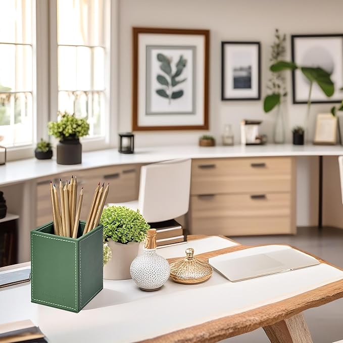 Gray - green Simple Leather Pen Holder: A Premium Choice for Desk Stationery Organization