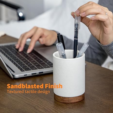 Minimalist Ceramic Pen Holder with Wooden Base – Desktop Organizer for Office, Home or Vanity, 4.33” x 2.95” Stylish Stationery & Brush Container