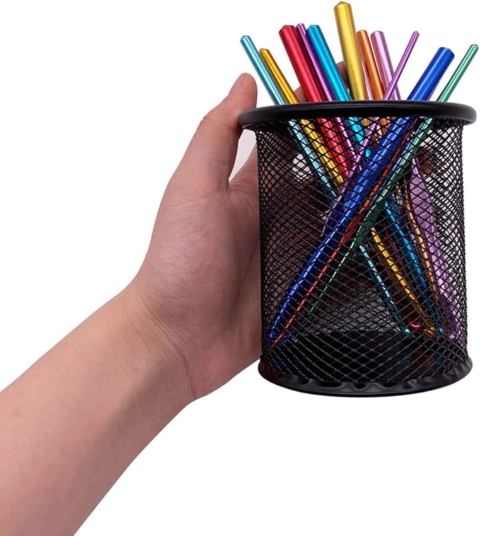 Black Metal Mesh Round Pen Holder | Durable Desk Pencil Cup Organizer | Office & Study Stationery Container (98×91mm)