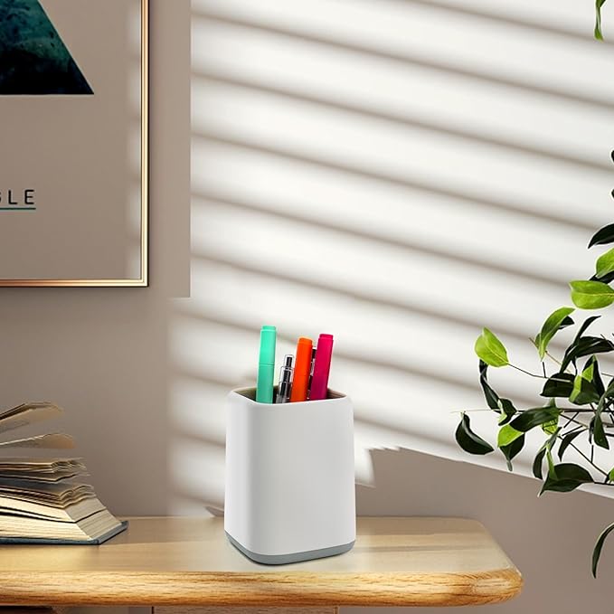 Minimalist White Square Pen Holder | Modern Desk Organizer for Office & Study | Compact Stationery Container (2.75" × 2.5" × 4.1")