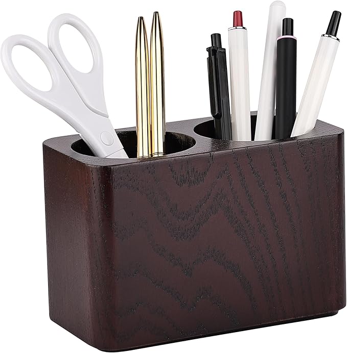Dark Brown Double - hole Wooden Pen Holder: A Classic Choice for Office Organization