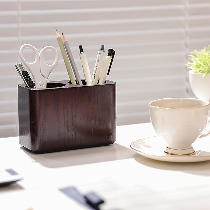 Dark Brown Double - hole Wooden Pen Holder: A Classic Choice for Office Organization