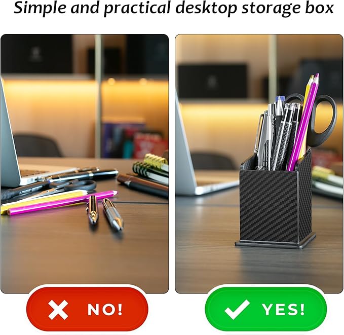 Carbon Fiber Textured Pen Holder | Minimalist Desktop Organizer | Square Pencil Cup for Office & Home (Approx. 2.75" × 2.6" × 3.75")