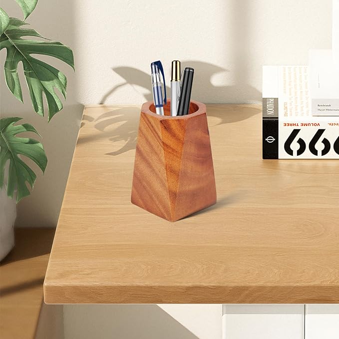 Minimalist Solid Wood Pencil Holder | Geometric Pyramid Desktop Organizer | Natural Wooden Pen Cup 2.63×2.63×4.33 inch