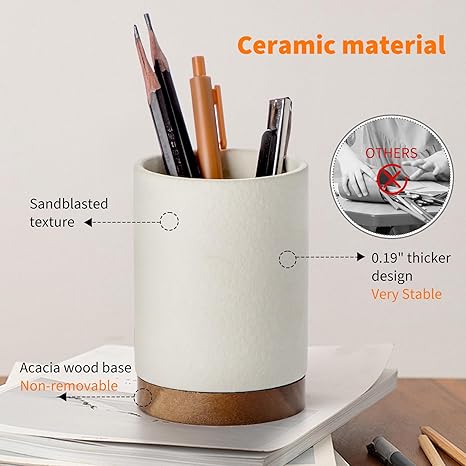 Minimalist Ceramic Pen Holder with Wooden Base – Desktop Organizer for Office, Home or Vanity, 4.33” x 2.95” Stylish Stationery & Brush Container