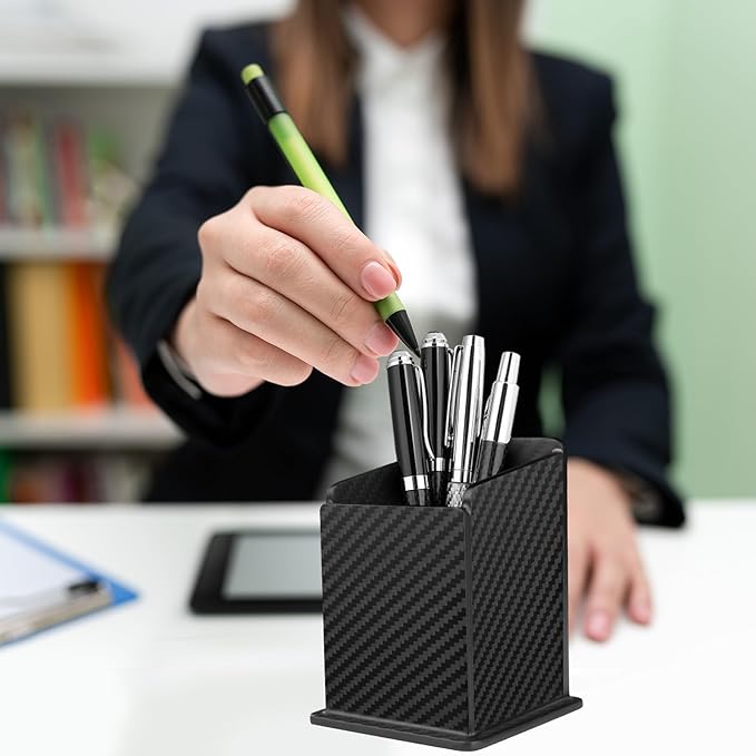 Carbon Fiber Textured Pen Holder | Minimalist Desktop Organizer | Square Pencil Cup for Office & Home (Approx. 2.75" × 2.6" × 3.75")