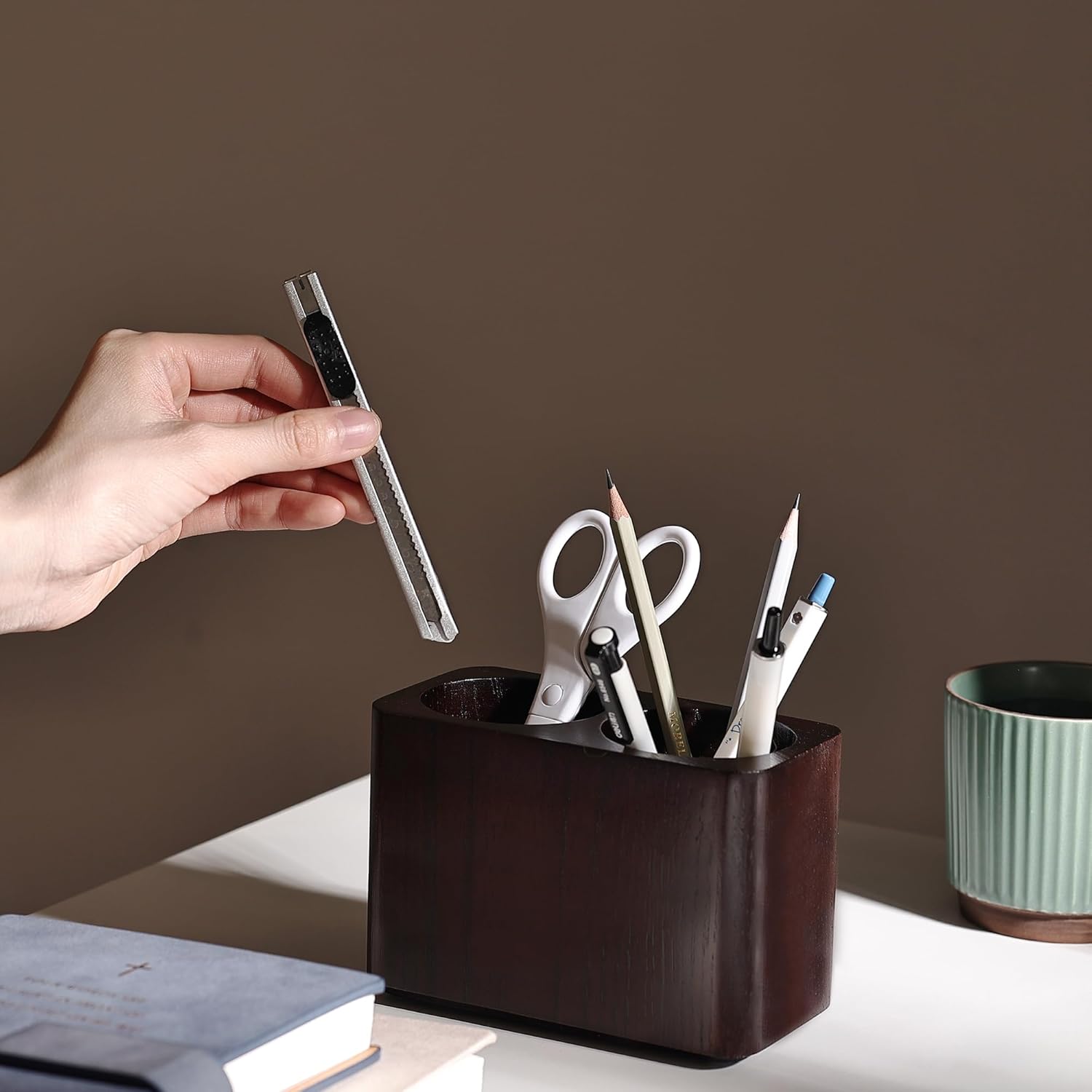 Dark Brown Double - hole Wooden Pen Holder: A Classic Choice for Office Organization